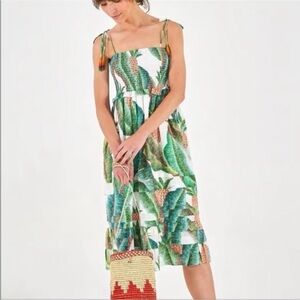 FARM Rio Forest Palm Smocked Midi Dress Medium